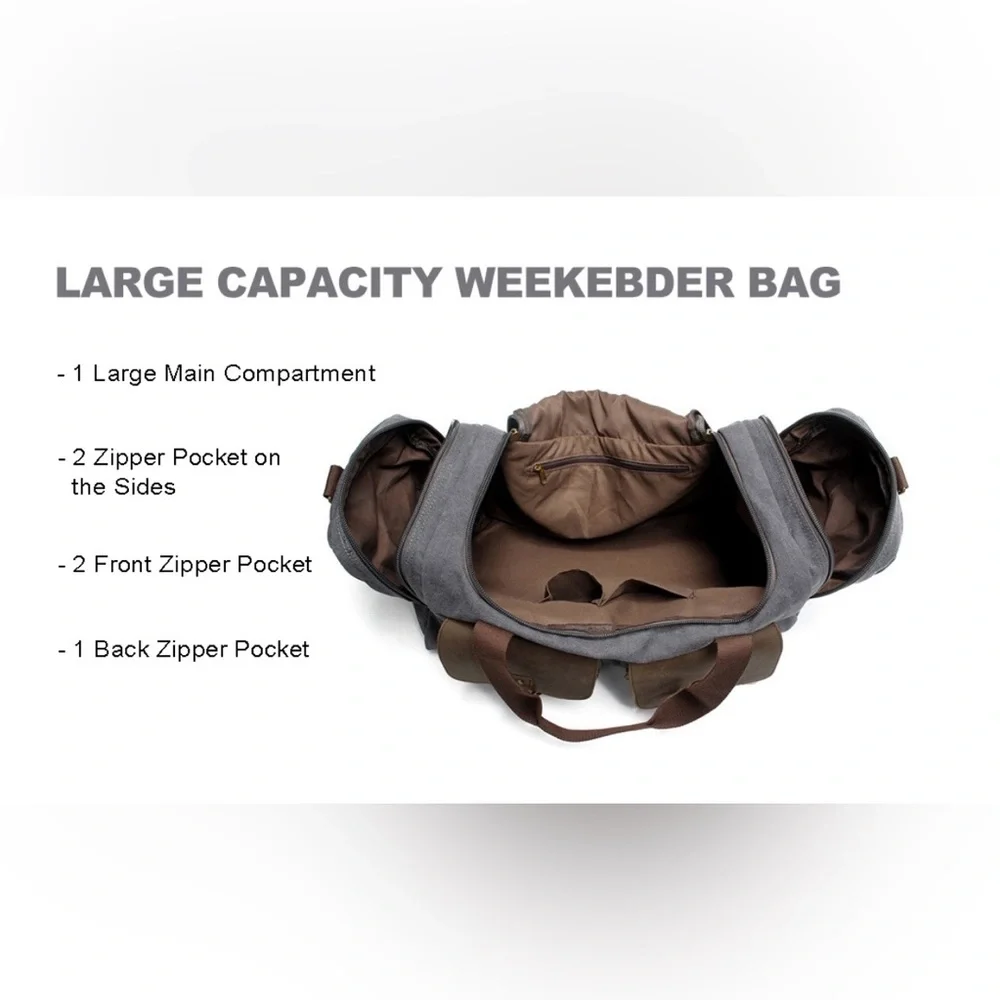 Aocome Gray Canvas Duffel Bag Leather Trim Travel Weekender/Shoe Compartment - Picture 3 of 13